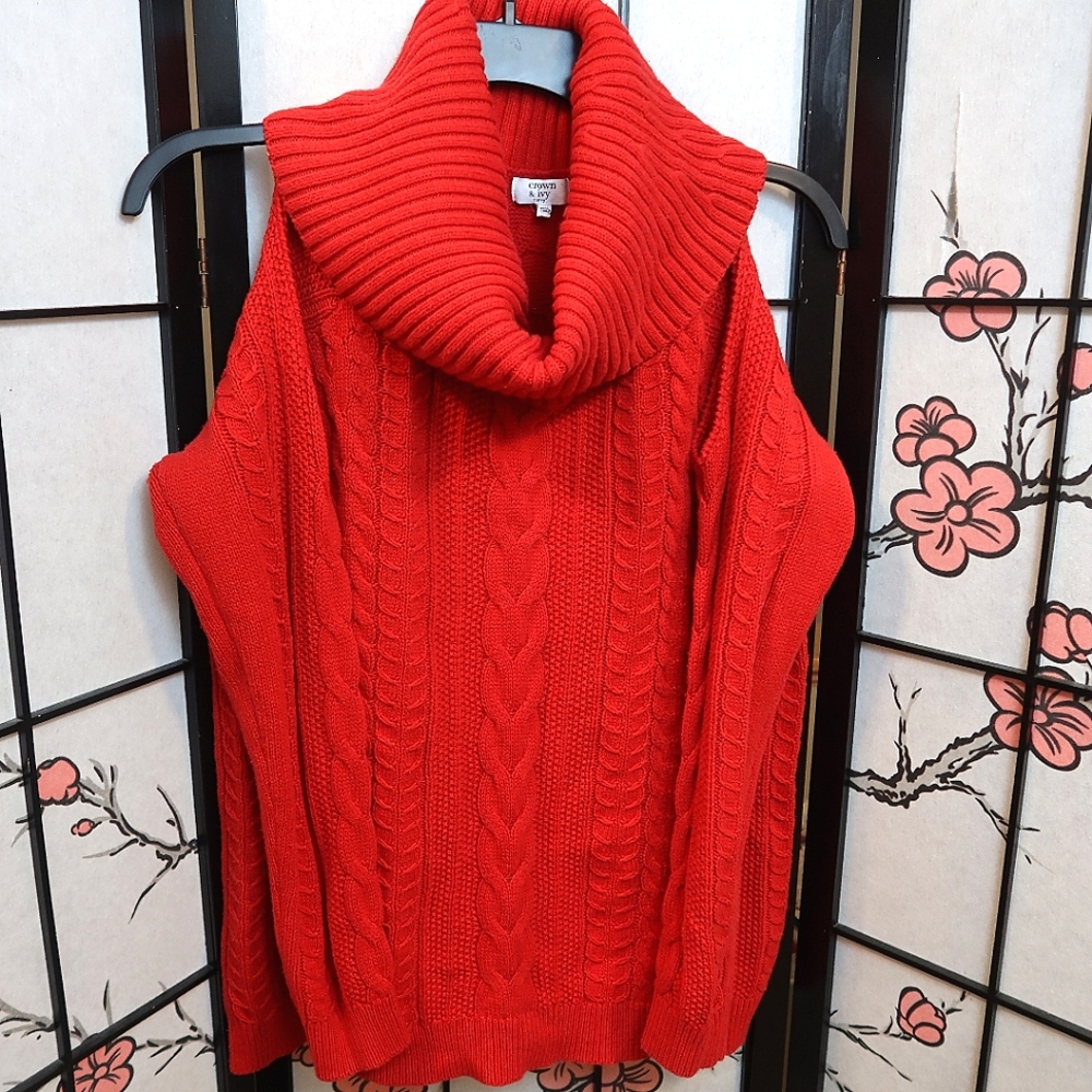 Crown & Ivy Cherry Red Peep Shoulder Turtleneck Sweater Cable Knit